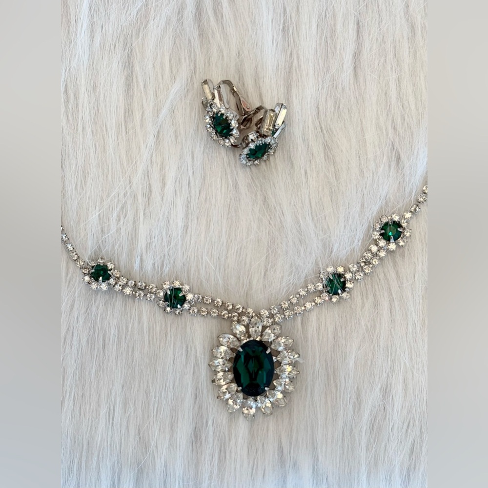 Vintage Rhinestone Necklace + Clip-on Earring Costume Jewelry Set